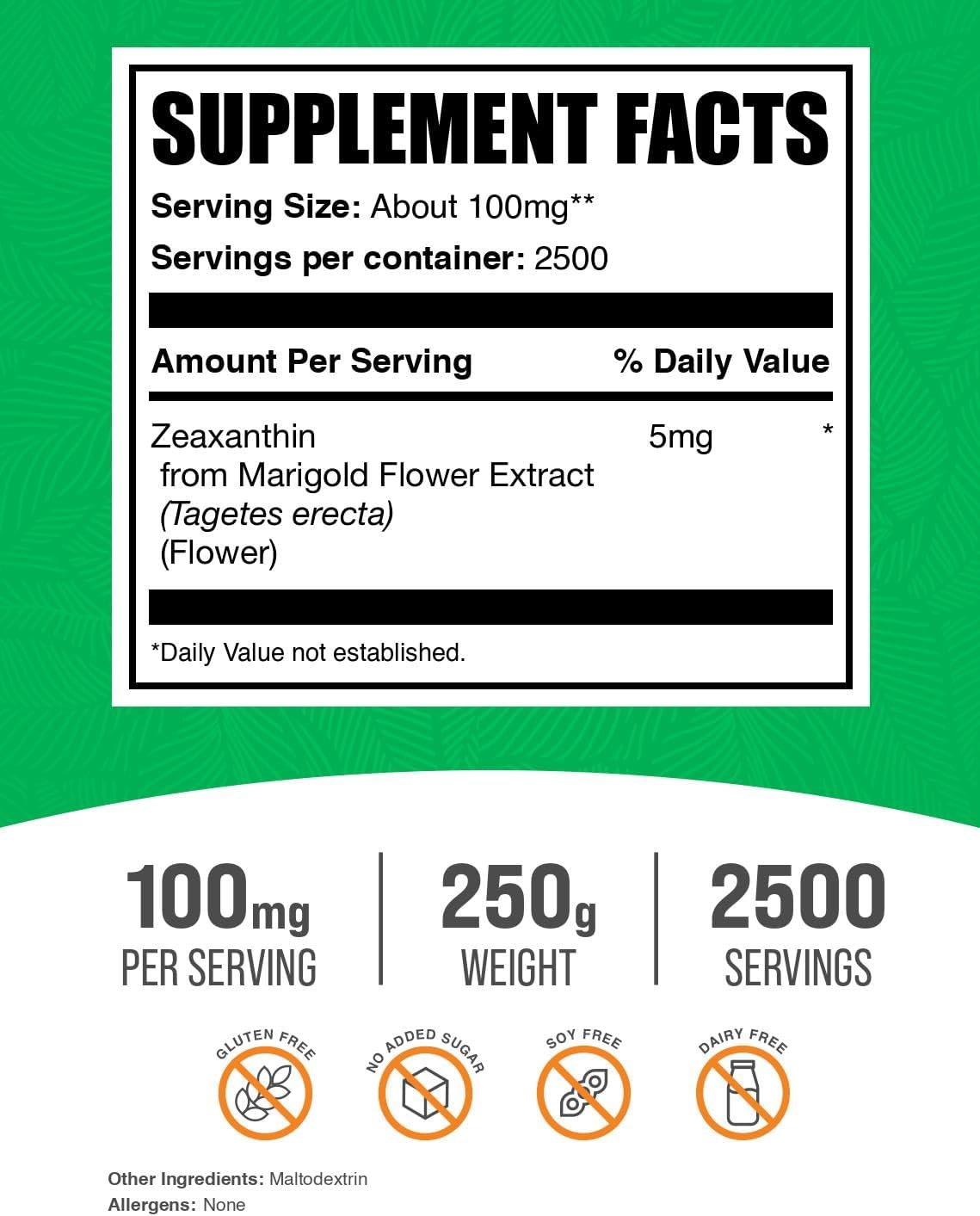BulkSupplements.com Zeaxanthin Powder - Zeaxanthin Supplements, from Marigold Flower Extract - Gluten Free, 100mg (Zeaxanthin 5mg) per Serving, 250g (8.8 oz) (Pack of 1)