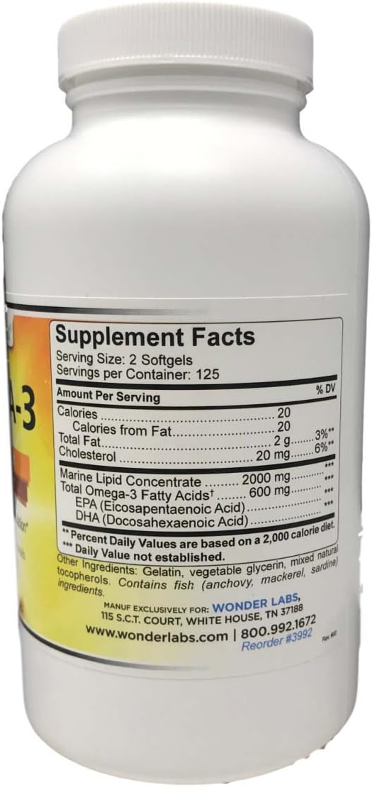 Wonder Labs Omega-3 Marine Lipid Concentrate A Natural Source of Omega-3 Fatty Acids, Supports Heart Health and Circulation - 250 Softgels