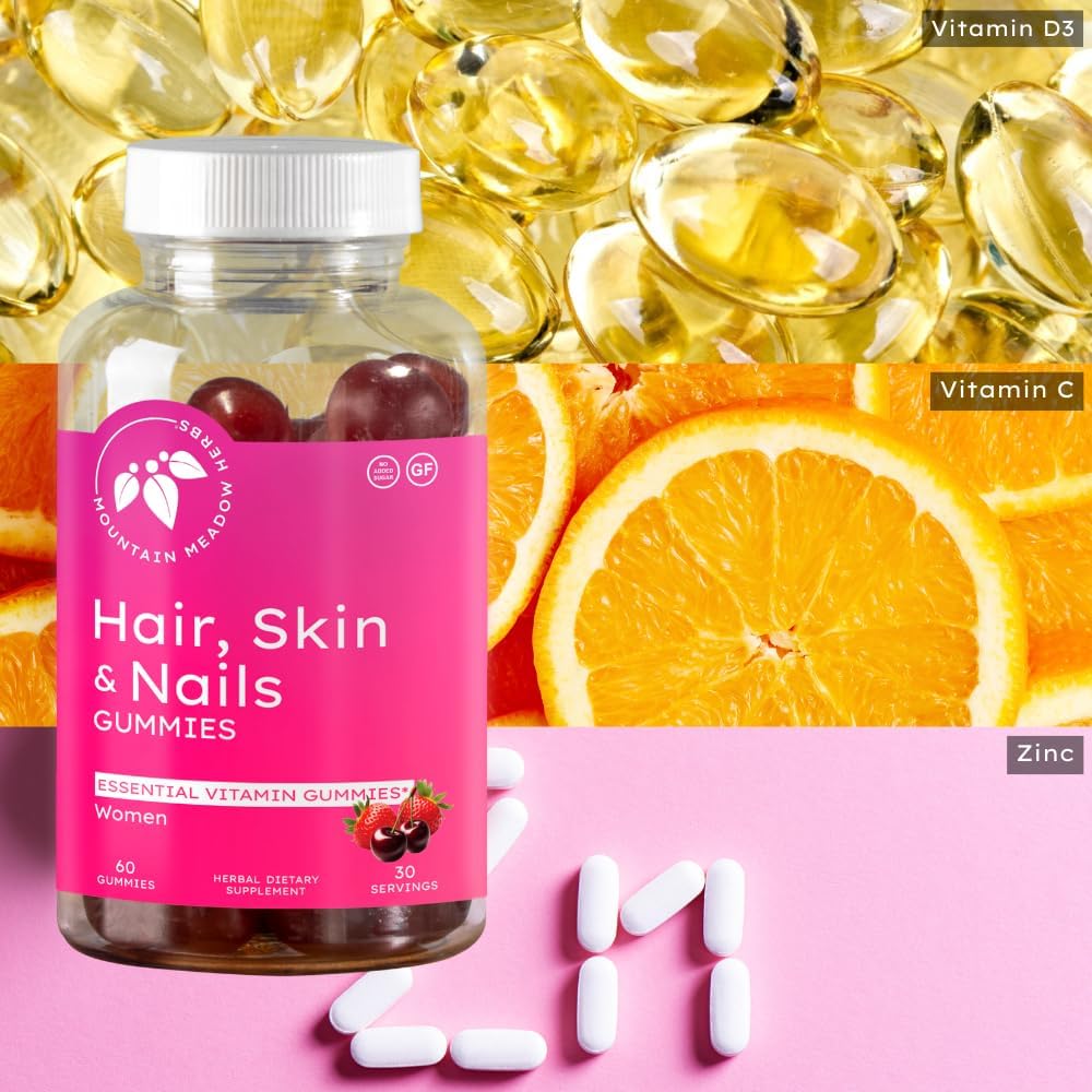 Mountain Meadow Herbs Hair, Skin and Nails Gummies - Essential Daily Support for Lush Hair, Strong Nails, and Radiant Skin with Biotin-Infused Gummies (60 ct)