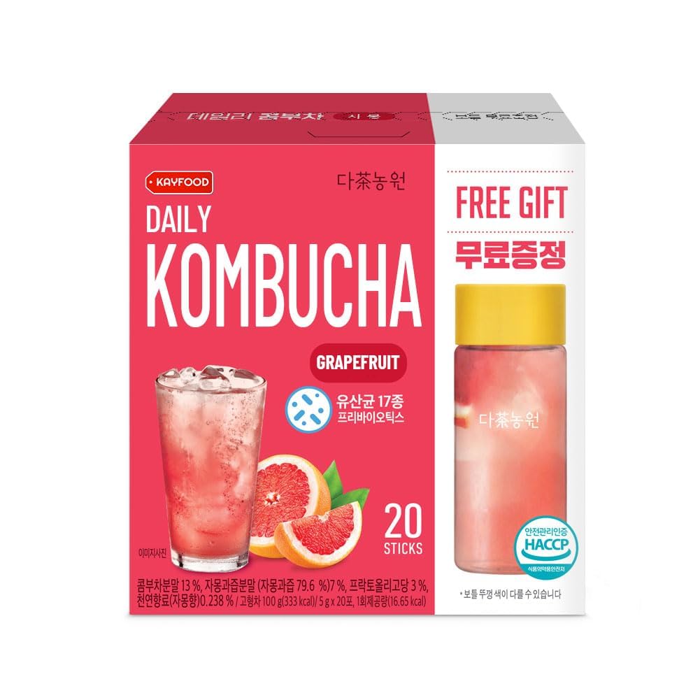 KAYFOOD Garden Daily KIWI Kombucha Powdered Mix, Probiotics & Prebiotics, 20 Sticks Bottle (3.52oz), Zero Sugar, Diet, Gut Healthy Sparkling Beverage, Fermented Korean Drinks for Iced, Hot, Workout Tea (KIWI, Reusable Bottle Set) (GRAPEFRUIT)