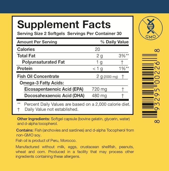 Researched Nutritionals Omega-3 Plus Fish Oil - EPA DHA Omega 3 Supplement to Support Cardiovascular & Brain Health - Molecularly Distilled for Purity & Safety (60 Softgels)