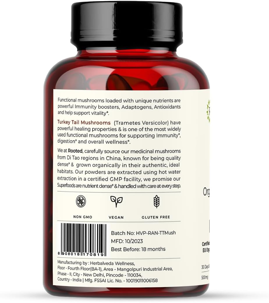 ROOTED Active's Turkey Tail Mushroom Extract Capsules (60 Veg Caps, 500 mg) | Heart Health, Stress Relief, Liver. USDA Organic, 35% Beta Glucans, Certified Organic