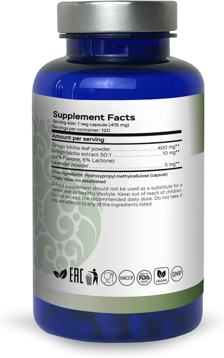 Ginkgo Biloba, Memory, Focus & Brain Function Support, Antioxidant-Rich, Plant-Based, GMP, Herbal Nootropic Vegetarian Capsules, 120 Count (Pack of 1)