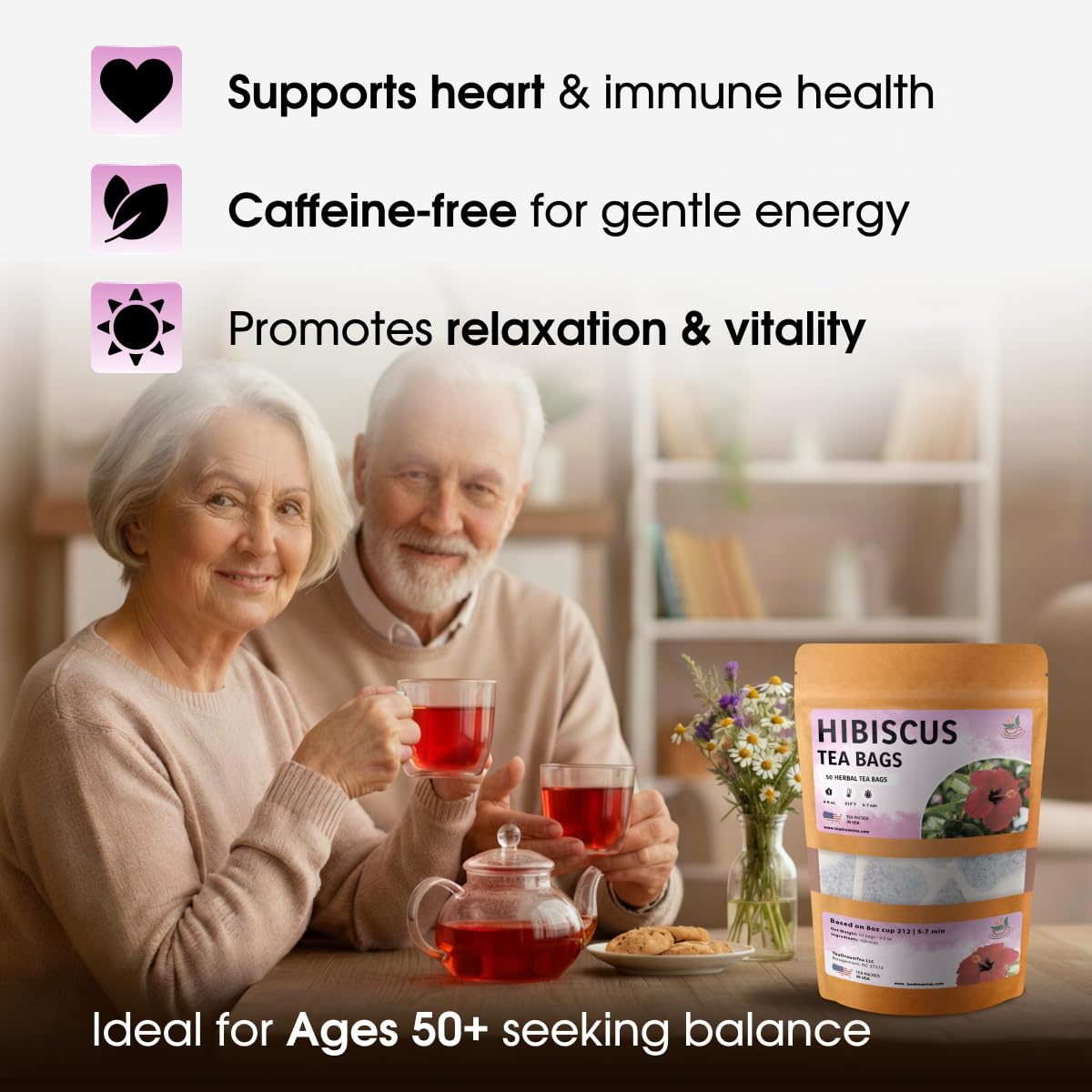 TeaDreamTea Hibiscus Tea Bags | 50 Bleach-Free Tea Bags | Caffeine Free | Dried Hibiscus Flowers | Hibiscus Flower Tea | Dried Flower Tea | Brew Hot or Iced |Herbal Hibiscus Tea
