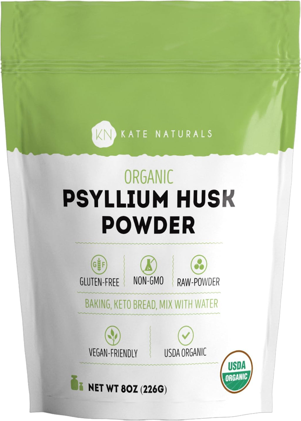 Kate Naturals Psyllium Husk Powder for Baking, Fiber. Psyllium Seed Powder for Dogs & Cats (8oz, Organic, Gluten Free, Pet Safe)