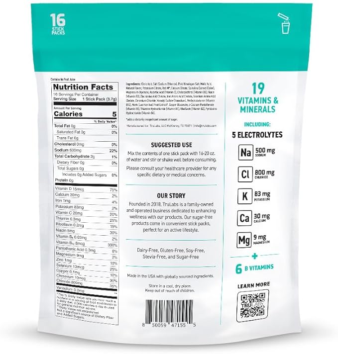 TRULABS Hydrate - Citrus Splash. Sugar Free Electrolytes Hydration Packets. Each Serving Contains 1422 mg of Electrolytes &19 Vitamins & Minerals (16 ct)