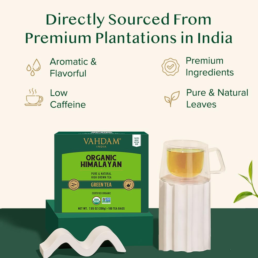 VAHDAM, Organic Himalayan Green Tea (100 Count) High Grown, Non GMO, Gluten Free, Low Caffeine | Earthy & Smooth | Resealable & Plant-Based Pyramid Tea Bags