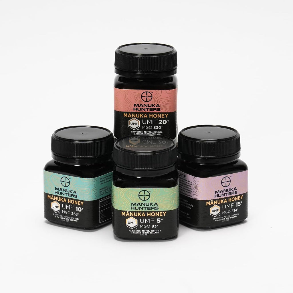 Manuka Hunters Raw New Zealand Honey Gift Set 4-Pack Honey Sampler with UMF 5+,10+,15+,20+ (125g = 85ml Each) – 100% Pure Natural Sweetener - Ideal for Tea, Coffee, Smoothies, Baking - Sustainable