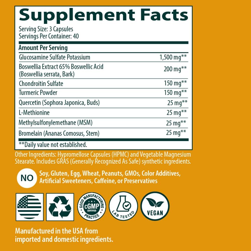 Sanar Naturals Glucosamine Chondroitin MSM Turmeric - Joint Support Supplement for Knees, Back, Hands, and Body - Non-GMO, Gluten Free, 120 Capsules