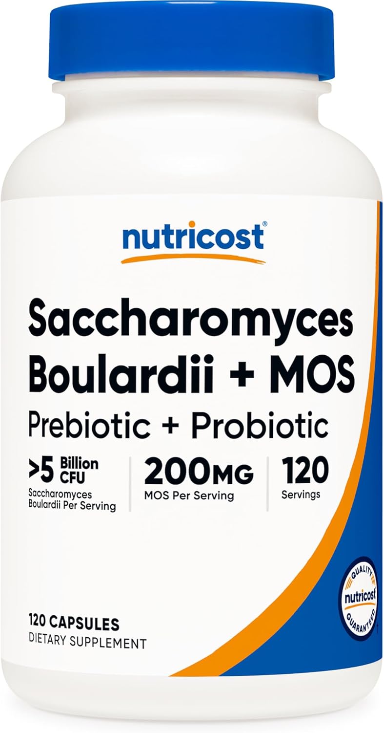 Nutricost Saccharomyces Boulardii + MOS Capsules (>5 Billion CFU) 120 Capsules - Prebiotic + Probiotic, 200mg of MOS Per Serving