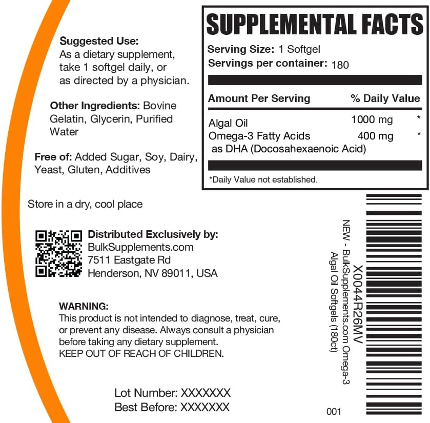 BulkSupplements.com Omega-3 Softgels - from Algal Oil, Algae Oil Omega 3 Supplement - Gluten Free, 1 Softgel per Serving, 180 Count (Pack of 1)