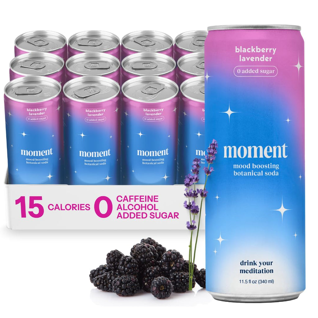 Moment Botanical Soda Soft Drink (Shark Tank) - SPARKLING Drinks | Blackberry Lavender | L-Theanine & Ashwagandha for Calm & Clarity | 0 Added Sugar 0 Caffeine | 12-pack