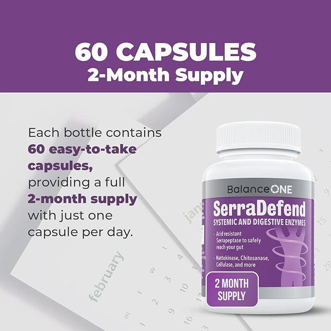 Balance ONE Biofilm Disruptor – Proteolytic Enzymes & Defense Supplement with Serrapeptase & Nattokinase – Systemic & Digestive Support – 60 Capsules, 2 Month Supply – for Women & Men – SerraDefend