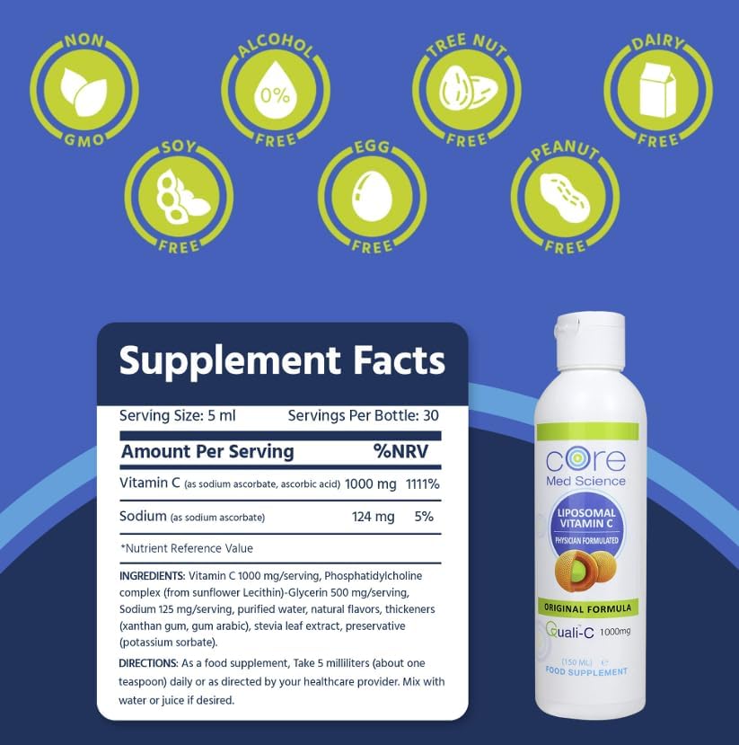 Core Med Science Liposomal Vitamin C 1000mg Liquid - Original Formula, 5 Fl Oz - Natural Liposomal Vitamin C Supplement Non-GMO - Immune System Booster for Adults - Supports Collagen Formation