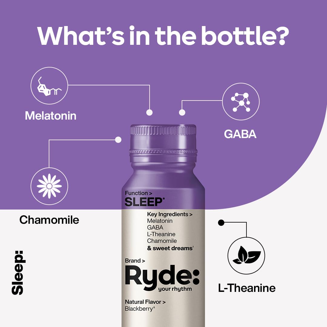 Ryde: SLEEP | 2oz Sleep Shot for Occasional Use | Melatonin, GABA, L-Theanine & Chamomile | Blackberry Natural Flavor | Sugar-Free, Zero Calories, Vegan | Manufactured in USA (24 Pack)