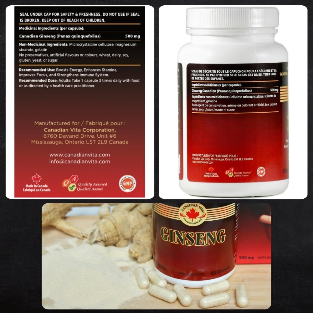 Ginseng Supplement 500mg - 60 Capsules - Pure Canadian Ginseng Root Powder - Energy | Focus | Immune Support - Authentic Ontario Farm Ginseng