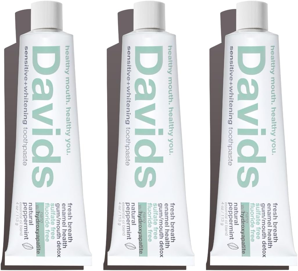 Davids Hydroxi™ Fluoride Free Nano Hydroxyapatite Toothpaste for Remineralizing Enamel & Sensitive Relief, Whitening, Antiplaque, SLS Free, Natural Peppermint, 4oz, Made in USA (3 Pack)
