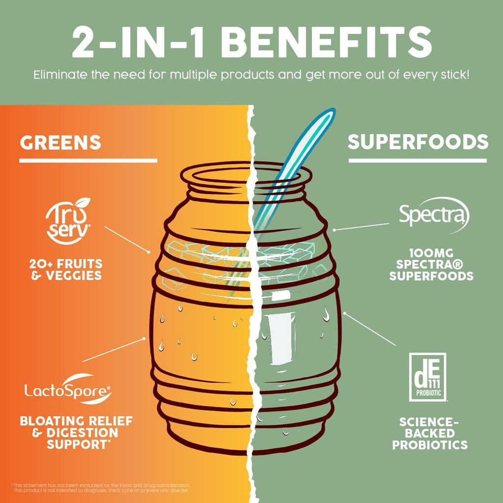 Salud 2-in-1 Greens Powder + Superfood Drink Mix Packets, 20+ Fruits and Veggies, Probiotics, Prebiotics, Supports Digestive Health, Bloating Relief, Vegan, Peach Mango (15 Servings)