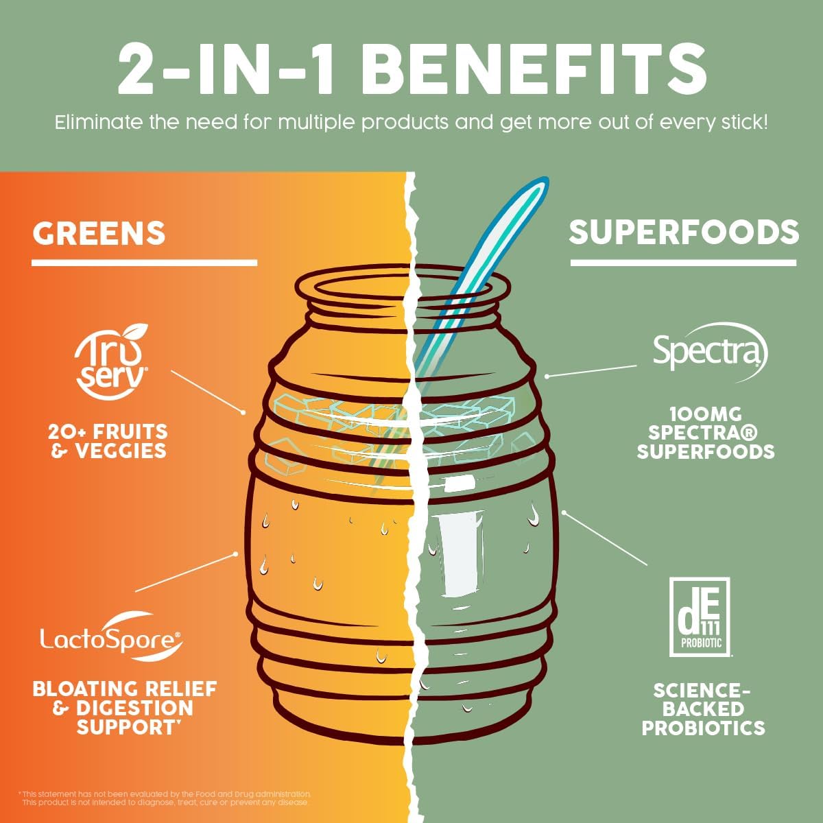 Salud 2-in-1 Greens Powder + Superfood Drink Mix Packets, 20+ Fruits and Veggies, Probiotics, Prebiotics, Supports Digestive Health, Bloating Relief, Vegan, Peach Mango (15 Servings)