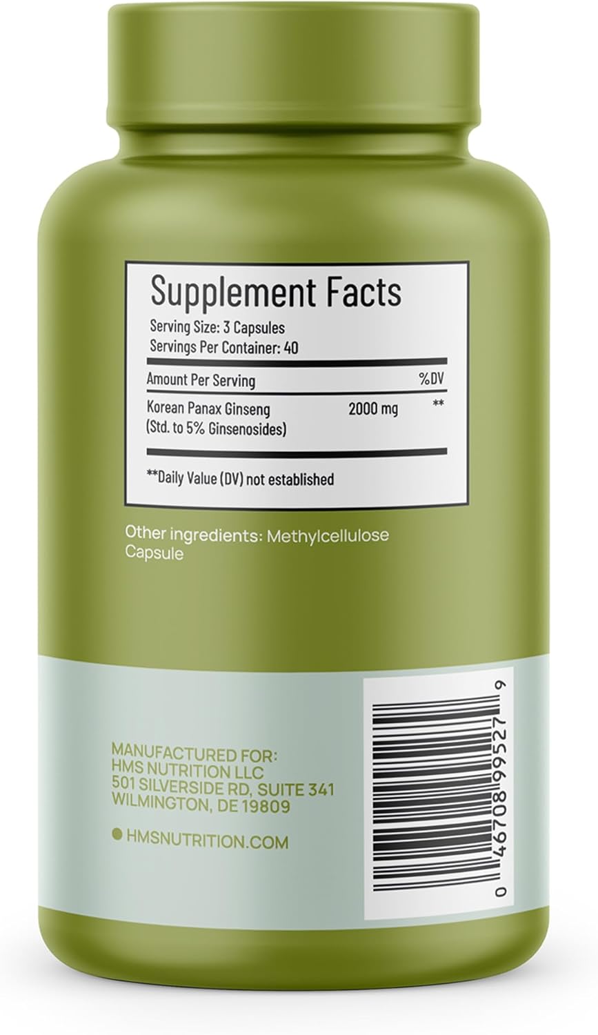 Korean Red Panax Ginseng 2000mg 120 Vegan Capsules Super Strength Extract NSF Certified Supplements, High Ginsenosides Supports Energy, Stamina, Performance and Clarity