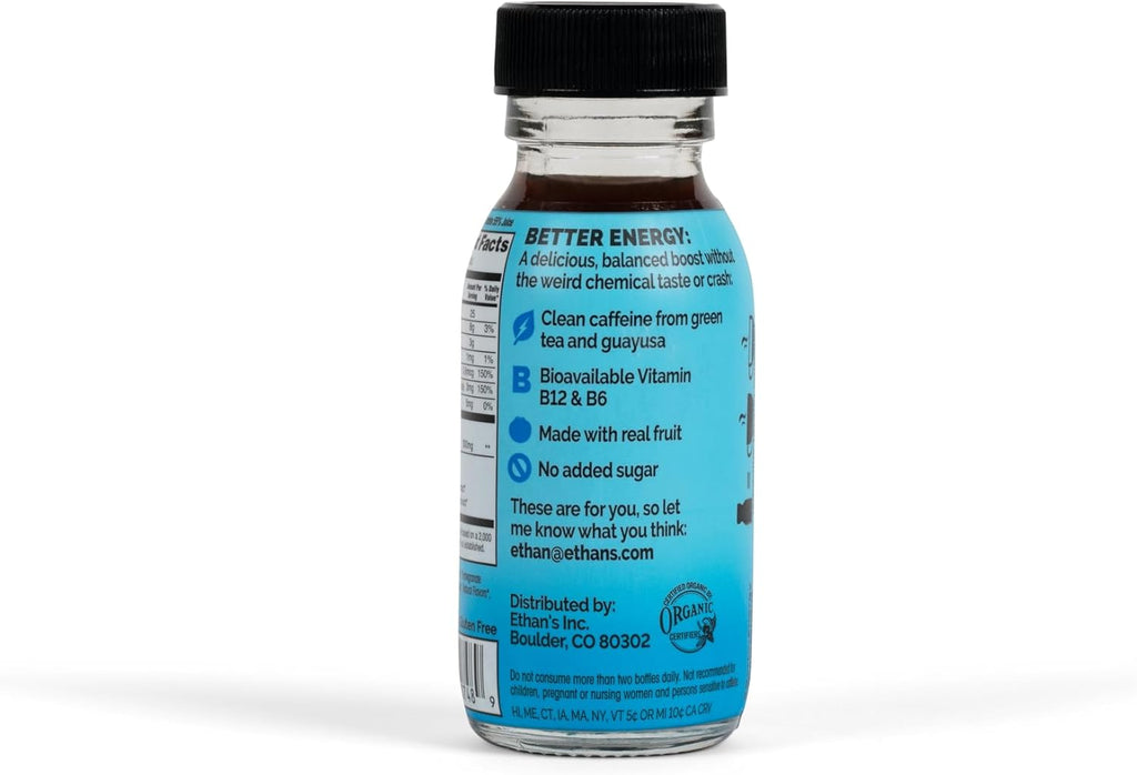 Ethan's Organic Clean Energy Shots Pomegranate Blueberry, Sugar Free Natural Pre-Workout Focus Boost, Gluten Free, Vegan, B6 & B12 Vitamin C with Green Tea Extract and Guayusa (2 Pack of 2oz Shots)