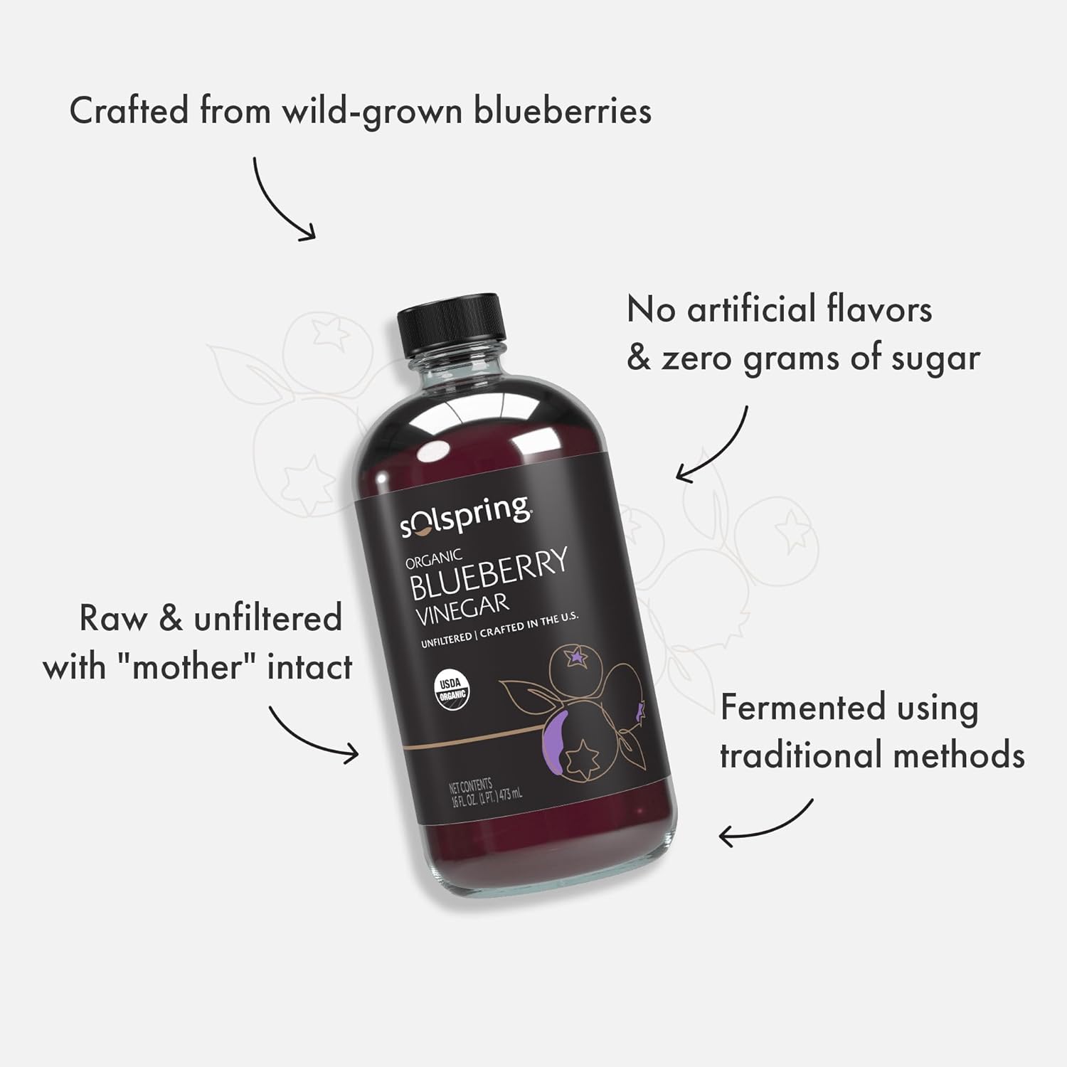 Dr. Mercola Solspring Organic Blueberry Vinegar, 2 Bottle (16 Fl. Oz.), Tart, Full-Bodied Flavor, non GMO, Soy Free, Gluten Free, USDA Organic