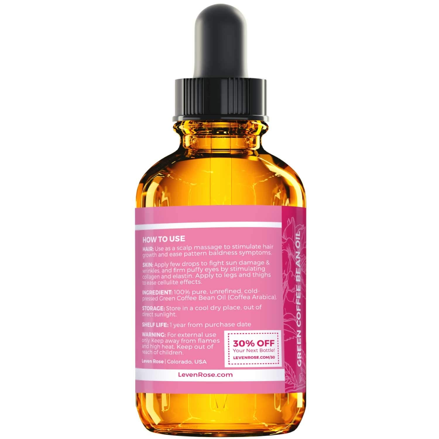 Leven Rose Green Coffee Bean Oil 100% Natural Pure Cold Pressed Unrefined Coffeebean Oil For Around Eyes, Face, Nails, Skin, And Hair- 1 oz Bottle (1 ounce)