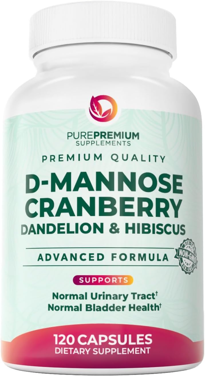 PurePremium D-Mannose with Cranberry, Hibiscus & Dandelion - 1000mg D-Mannose Supplements for Women Supports Urinary Tract Health & Bladder Health - Made in USA, Vegan, 120 Capsules, 2 Month Supply
