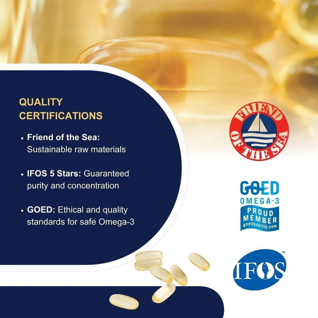 OMEGOR Omega 3 Fish Oil 1200mg Ultra - 610mg EPA and 510 DHA Omega3 IFOS Certified - High Bioavailability and No Aftertaste (60 Caps)