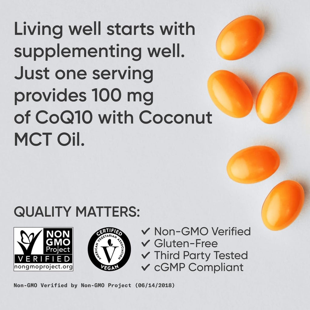 Sports Research CoQ10 (100mg) Enhanced w/Coconut Oil & Bioperine (Black Pepper) for Better Absorption | Vegan Certified, Non-GMO Verified (120 Veggie Softgels)