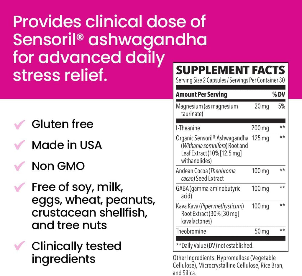 NeuroQ Calm Focus Capsules - Stress Relief Supplement - Supports Mental Function & Relaxation - Sensoril Ashwagandha, Magnesium, GABA, L-Theanine, Andean Cocoa & Kava Kava - 60 Capsules