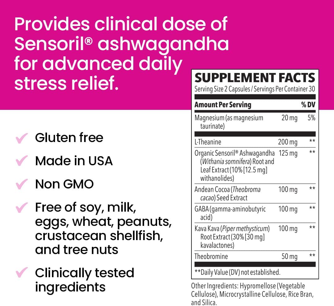 NeuroQ Calm Focus Capsules - Stress Relief Supplement - Supports Mental Function & Relaxation - Sensoril Ashwagandha, Magnesium, GABA, L-Theanine, Andean Cocoa & Kava Kava - 60 Capsules