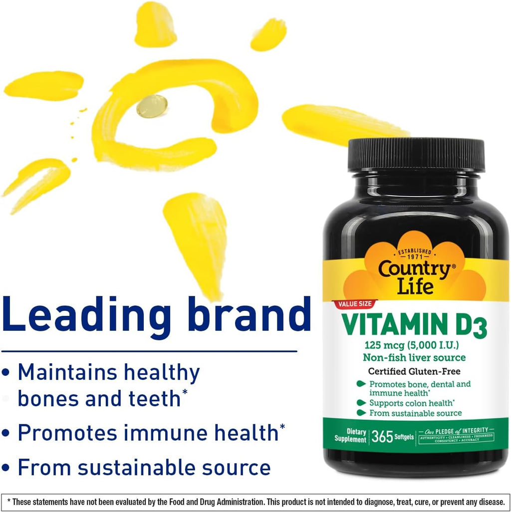 Country Life Vitamin D3 5000 IU – High Potency, Non-Fish Source, Supports Bone Health, Immune Function & Calcium Absorption – 365 Softgels, Certified Gluten-Free, Long-Term Supply