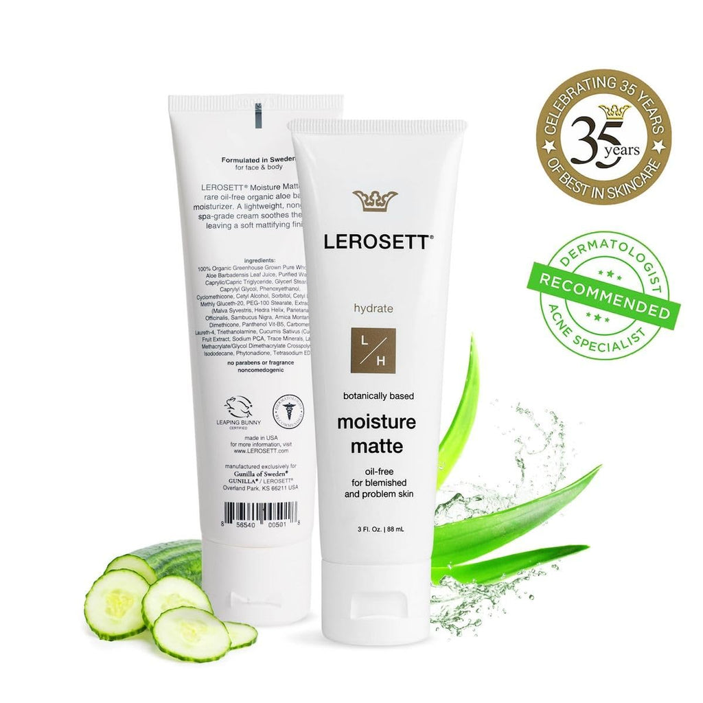 LEROSETT Oil-Free Moisturizer for Acne, Moisture Matte for Oily & Sensitive Skin, Vegan Moisturizer, Lightweight & Aloe-Based with Vit-B5 + 7 Soothing Herbals, Non-comedogenic, Fragrance Free - 3 oz