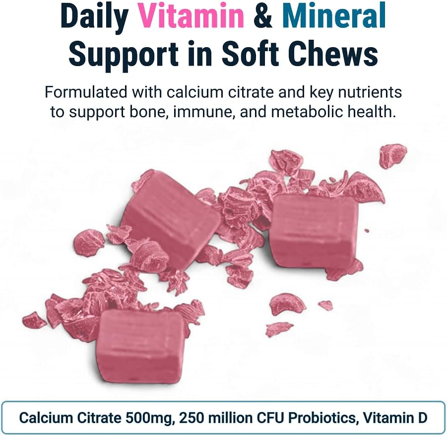 BariatricPal Sugar-Free Calcium Citrate Soft Chews | 500mg with Vitamin D & Probiotics | Strawberry Twist | 90 Count (1 Month Supply)