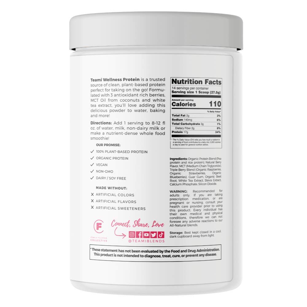 Teami Vegan Protein Powder with Organic Ingredients - Smooth Plant Based Pea Protein Powder with Low Net Carbs, Non-GMO, Dairy Free, Soy Free, No Sugar Added - Triple Berry (14 Servings, 13.6 Ounce)