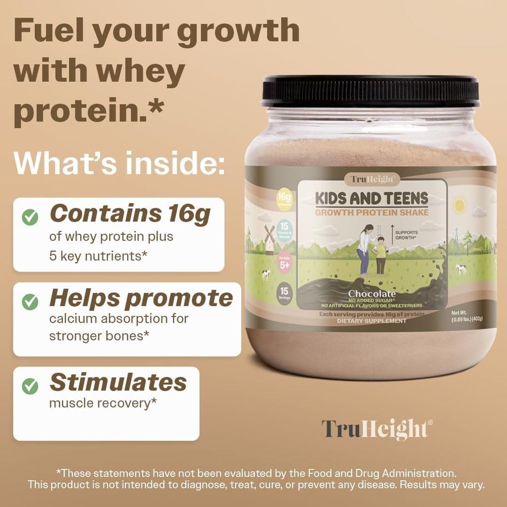 TruHeight Growth Protein Shake (Chocolate Milk Flavor, Whey) Natural Growth & Development Protein Powder for Kids & Teens - Weight Gain Drinks - Endorsed by Pediatricians, Picky Eater Vitamin, Ages 4+