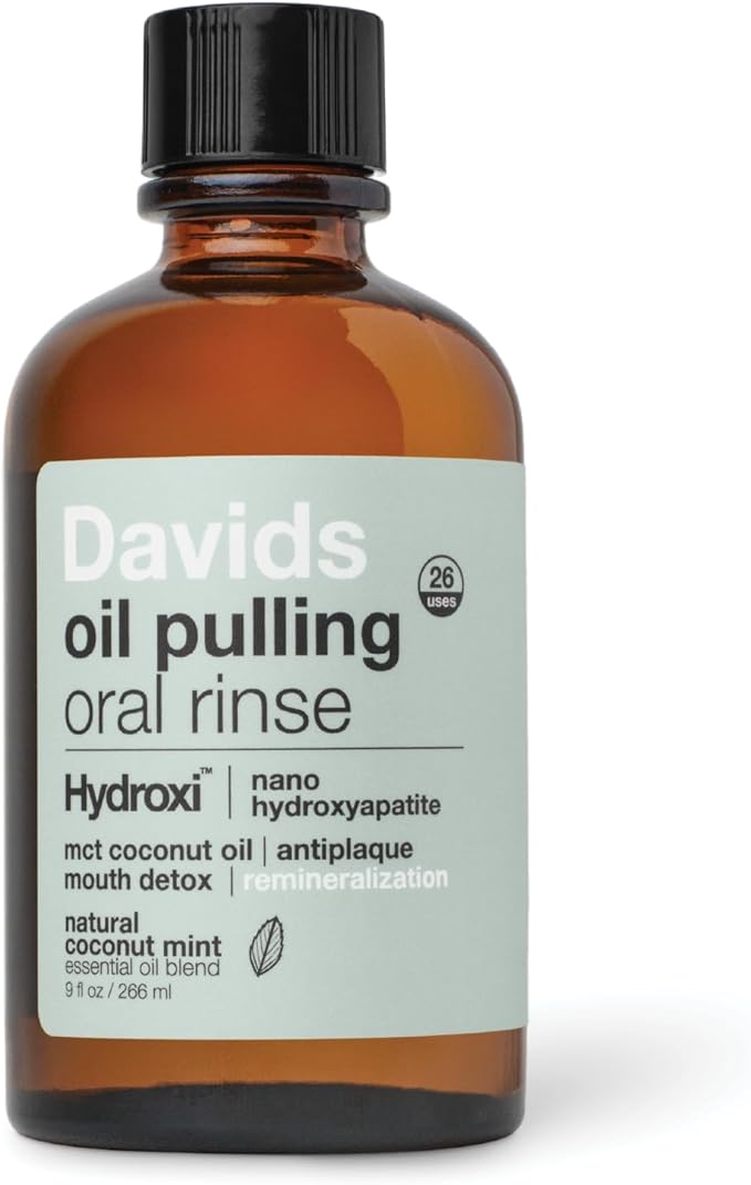 Davids Nano Hydroxyapatite Oil Pulling Oral Rinse Mouthwash, 100% MCT Coconut Oil, Promotes Teeth and Gum Health, Natural Whitening, Essential Oils to Fight Plague & Freshen Breath, Mint Flavor, 9 oz