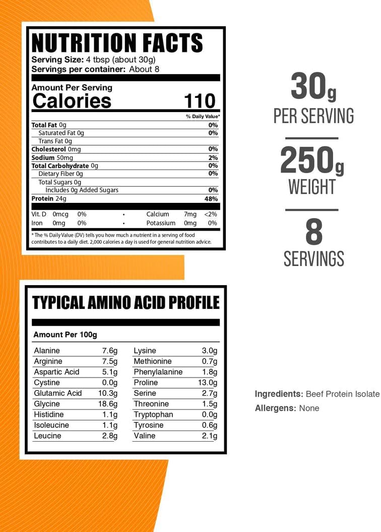 BulkSupplements.com Beef Protein Isolate Powder - Lactose Free Protein Powder, Beef Protein Powder - Unflavored & Gluten Free, 30g per Serving, 250g (8.8 oz) (Pack of 1)