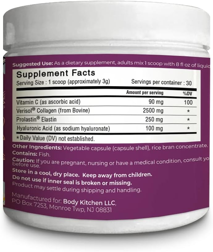 Body Kitchen Collagen and 250 mg Elastin Supplement to Aid Signs of Aging, Support Skin Health & Elasticity, Fewer Wrinkles, Unflavored Powder, Tasteless, Odorless, Colorless, 30 Servings (2 Pack)