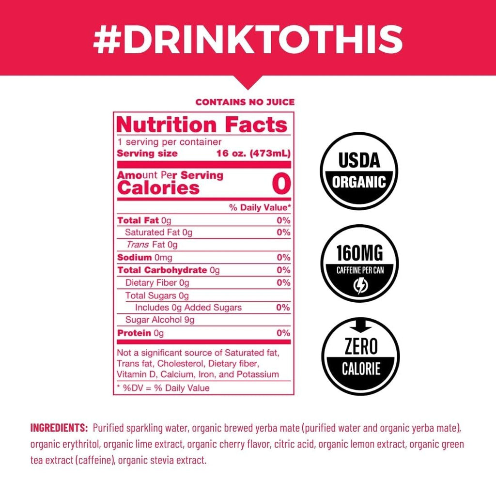 CLEAN Cause Zero Sugar Cherry Lime Yerba Mate Tea Sparkling, USDA Organic Energy Drink Alternative, Zero Calorie, 160mg Natural Caffeine, Soda Alternative, Plant-Based (16oz cans, 12-Pack Case)