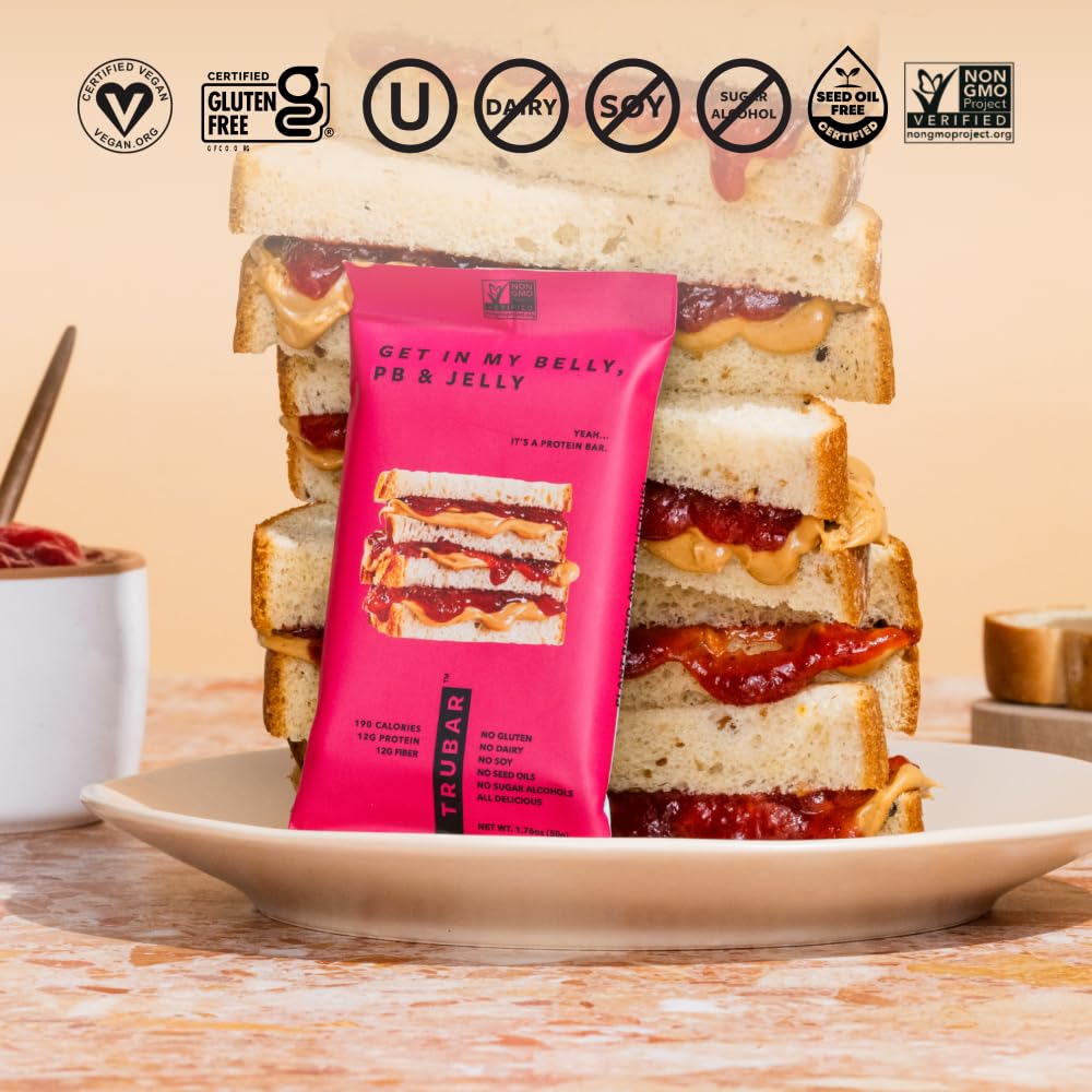 TRUBAR Vegan Protein Bar, Get In My Belly Pb & Jelly, Gluten Free, Plant Based, High Fiber, Dairy Free, Low Fat, Non GMO, No Sugar Alcohols, 12G Lean Protein, 13G Fiber, Healthy Snack Bars, 12 CT