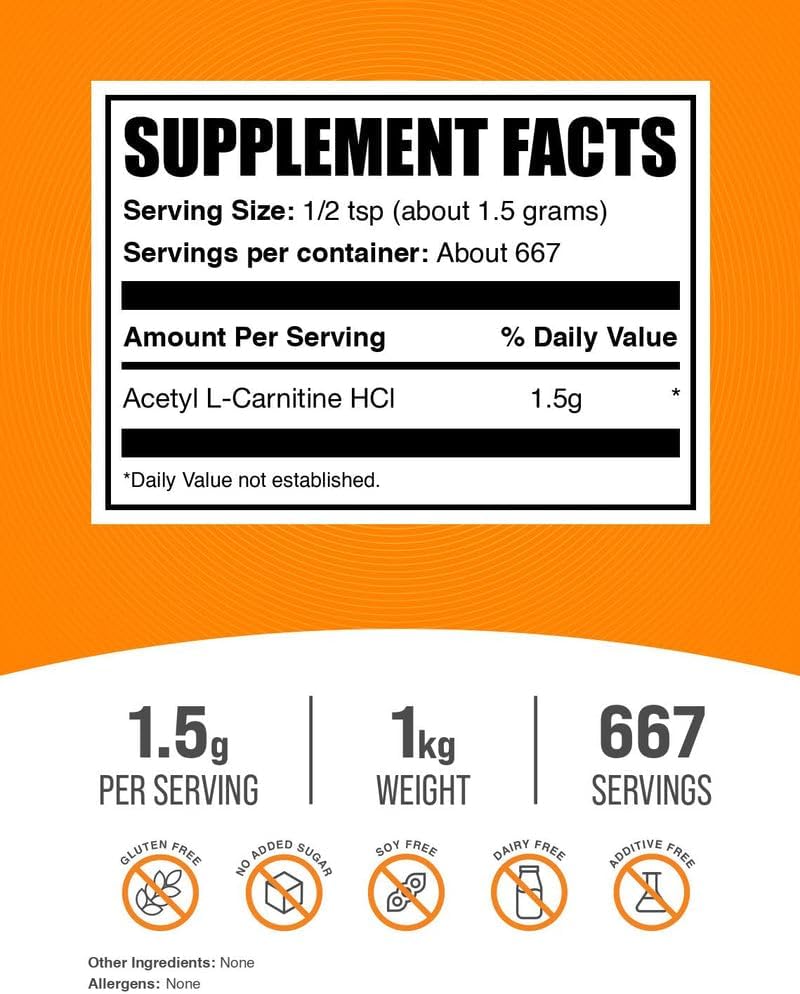 BulkSupplements.com Acetyl L-Carnitine Powder - as ALCAR HCl, Carnitine Supplement - Gluten Free, 1.5g per Serving, 1kg (2.2 lbs) (Pack of 1)