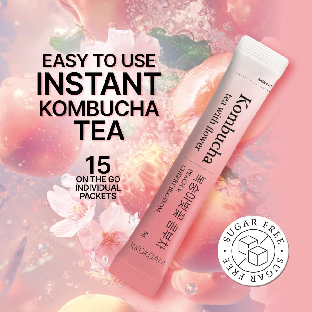 KKOKDAM Kombucha Tea - Peach & Cherryblossom Korean Tea - Kombucha Drinks Probiotic Support, Low Calorie, Sugar Free Kombucha Pack - 15 Packs