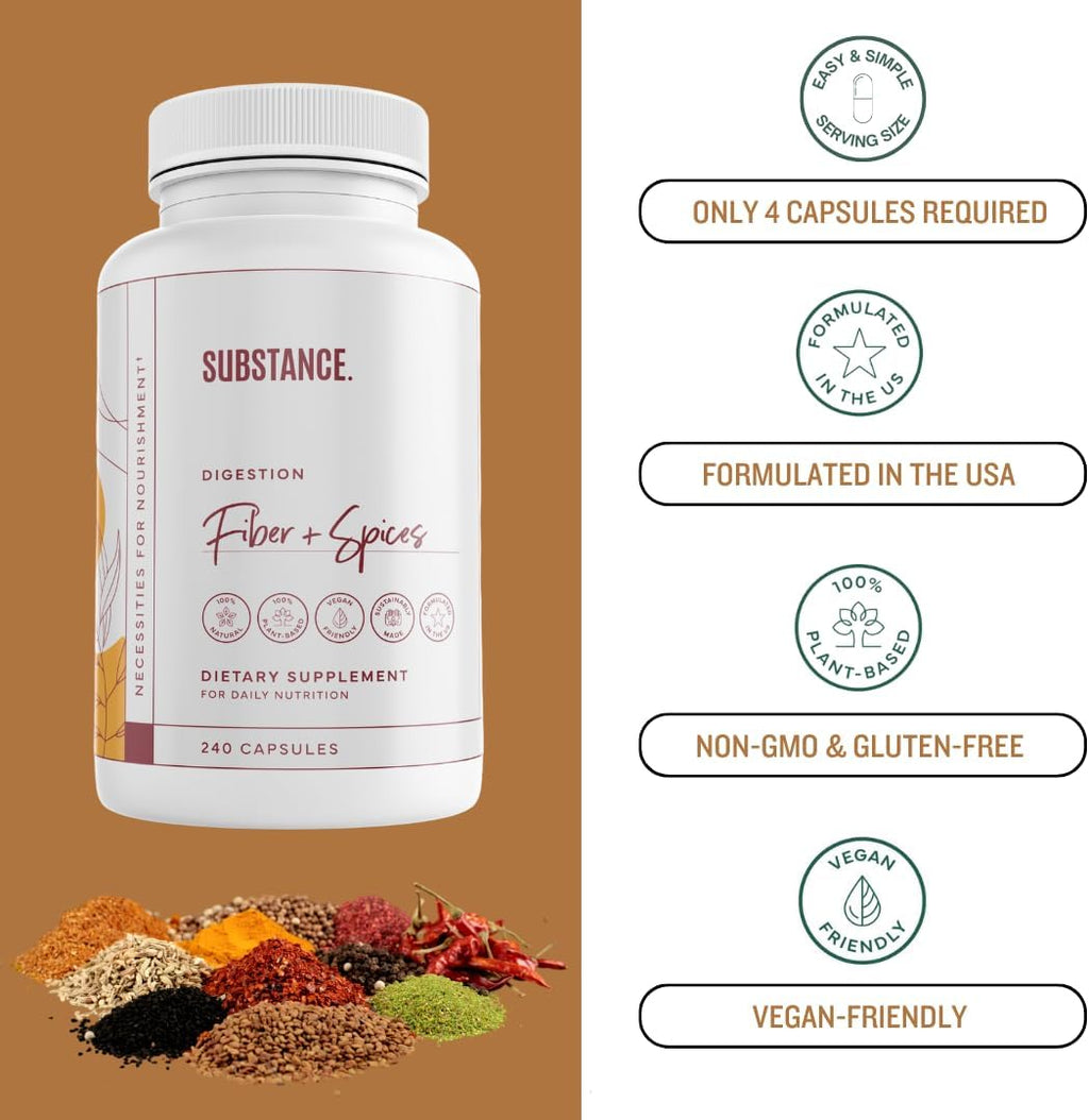 SUBSTANCE. - Nature's Fiber & Spices for Digestive Wellness - Supports Colon Cleanse - Formulated with Psyllium Husk, Flax Seed & Ginger - Dietary Fiber Supplement - Vegan-Friendly - 240 Capsule