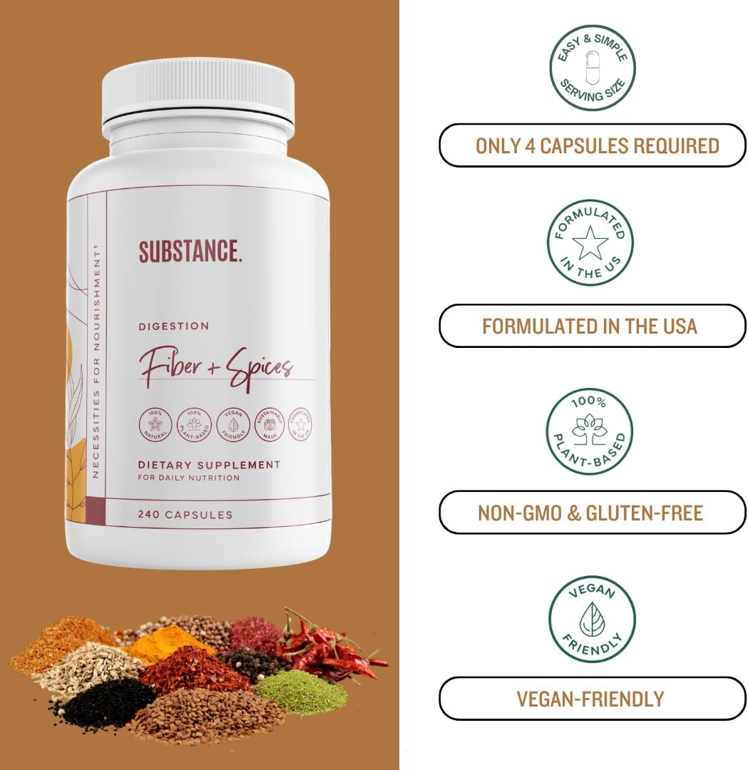 SUBSTANCE. - Nature's Fiber & Spices for Digestive Wellness - Supports Colon Cleanse - Formulated with Psyllium Husk, Flax Seed & Ginger - Dietary Fiber Supplement - Vegan-Friendly - 240 Capsule