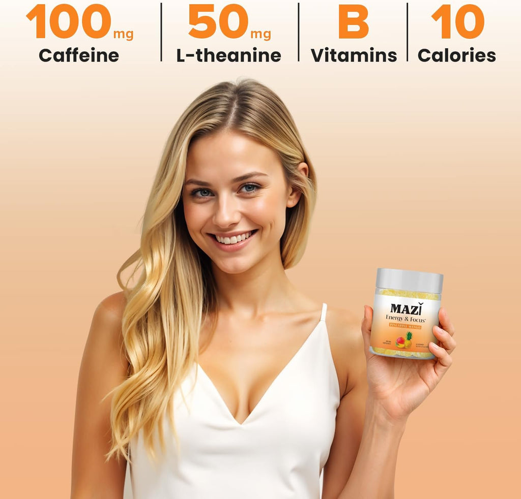 Energy & Focus Gummies | 100mg Natural Caffeine + L-Theanine + Vitamin B6 & B12 + CoQ10 | Nootropic Cognitive Brain Performance Supplement | No Crash or Jitters