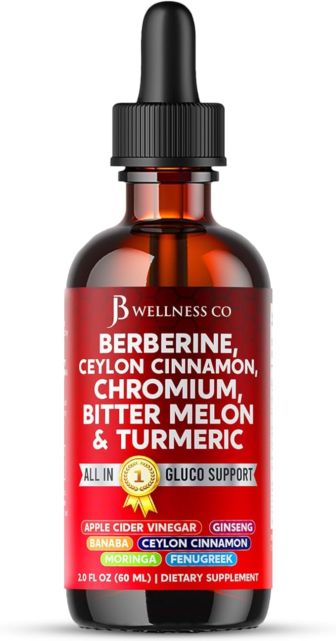 Berberine with Ceylon Cinnamon Supplement Liquid Drops + Bitter Melon Extract, Glucomannan, Gymnema, Chromium, Turmeric, Panax Ginseng, Moringa- 2 OZ