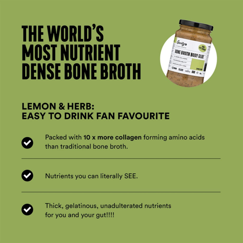 Gevity Rx Bone Broth Body Glue™- Bone Broth - Concentrate - 10x more collagen* - Sip, Cook, Create - 100% Grass Fed Beef (13.75 Ounce, Lemon & Herb)