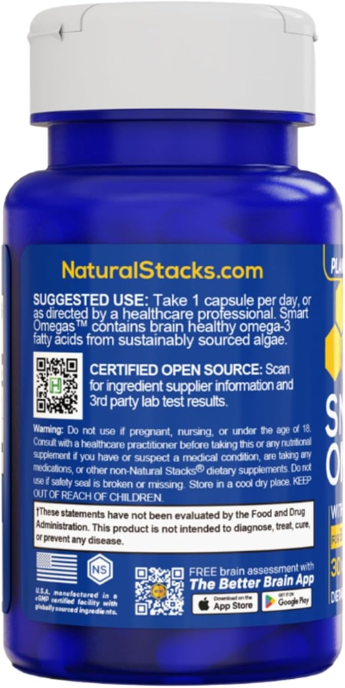 NATURAL STACKS Smart Omegas - Omega 3 Supplement w/ 200mg DHA & 200mg Blue Spirulina - Plant Based Algae Oil Omega 3 Supplement - Fish Oil Free Antioxidant Support - 30 Blue Spirulina Capsules